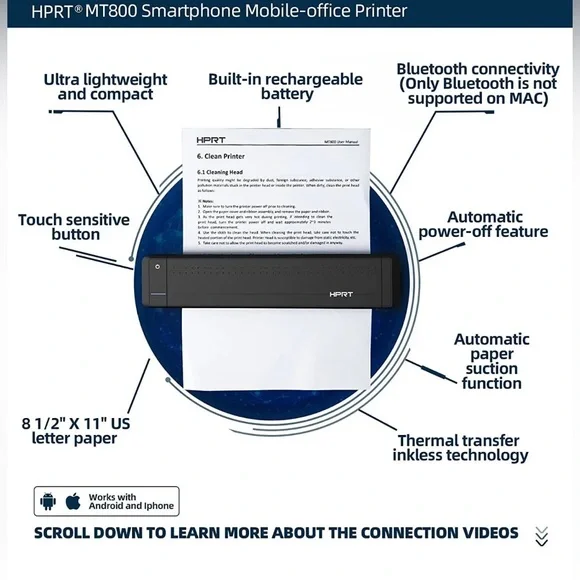 A4 Portable Blutooth Thermal Printer Supports A4 Paper Compatible with Phone